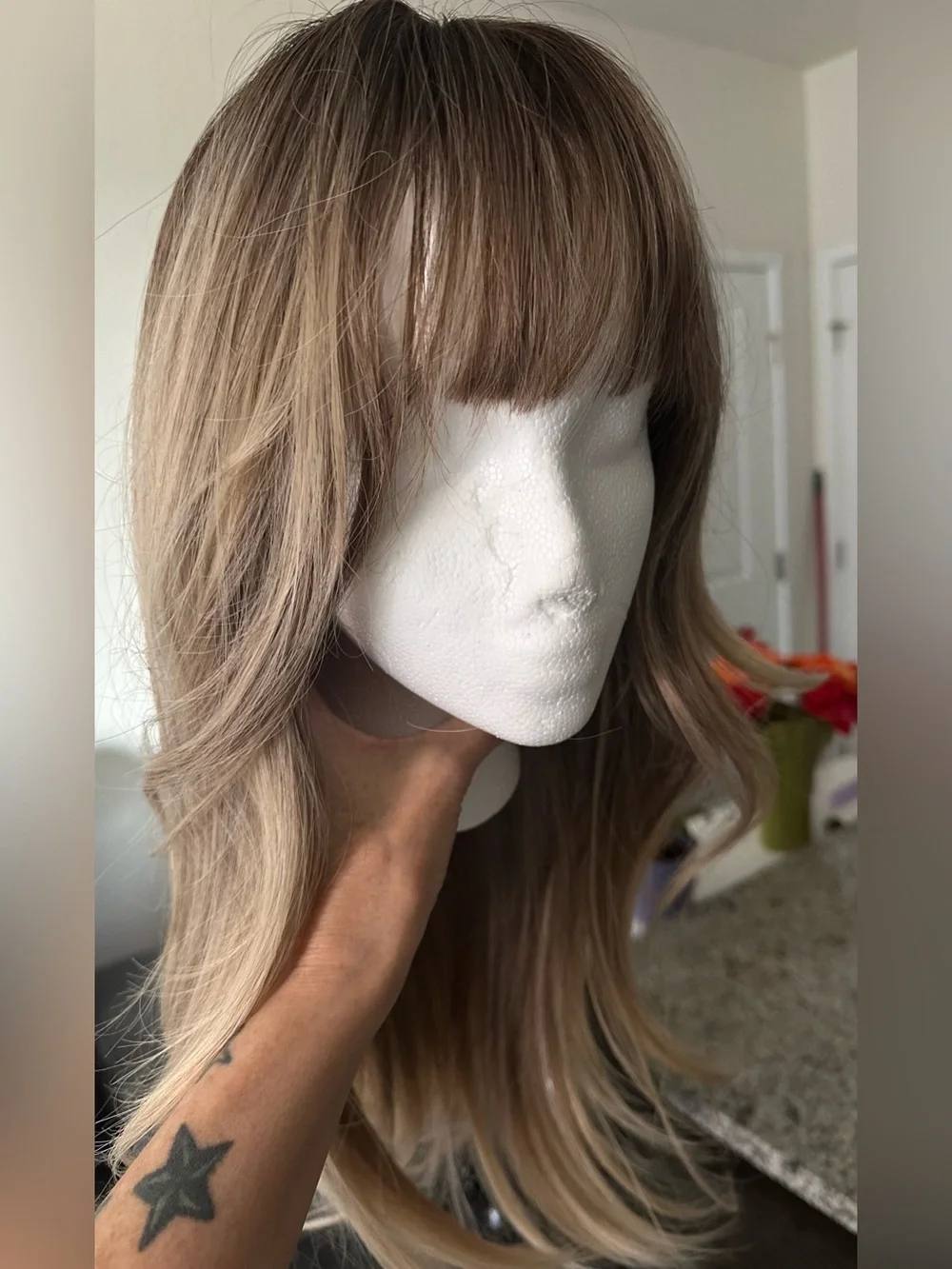 Women’s Long Layered Synthetic Wig with Bangs - Ash Blonde